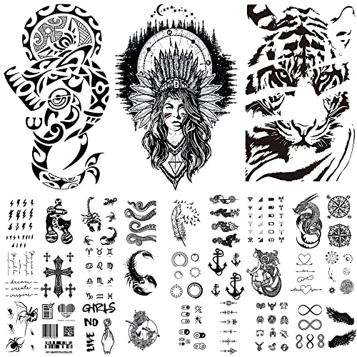 Quichic 190 + Парчета Готина Временна Татуировка За Мъже Жени Индийски Татуировки Ръкав Черен Големи и Малки Фалшиви Татуировки