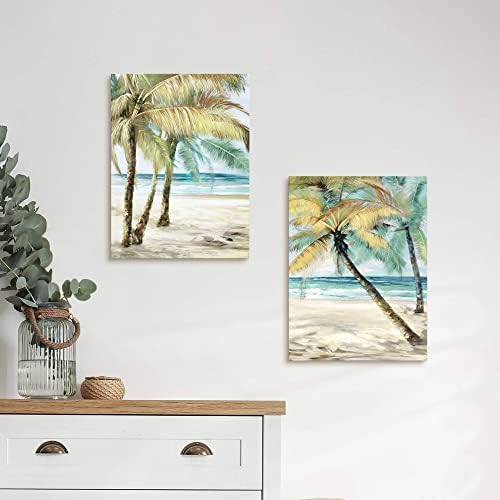 Картина върху платно с тропически плаж: Модерен Комплект от 2 теми, Стенно изкуство с Палми, Океанская Вълна, Картина