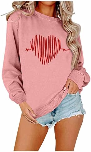 Shusuen/ Дамски Блузи с кръгло деколте и дълъг Ръкав с принтом във формата на Сърце, Всекидневни Пуловер, Лека Дишаща Свободна