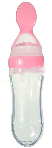 Сигурна бутилка за хранене със силиконова лъжица за раздаване на детска храна (в синьо)