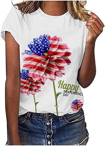 Тениски с къс ръкав, Дамски Тениски с Кръгло Деколте, Флаг на Деня на Независимостта, Цвете Маргаритки, Без