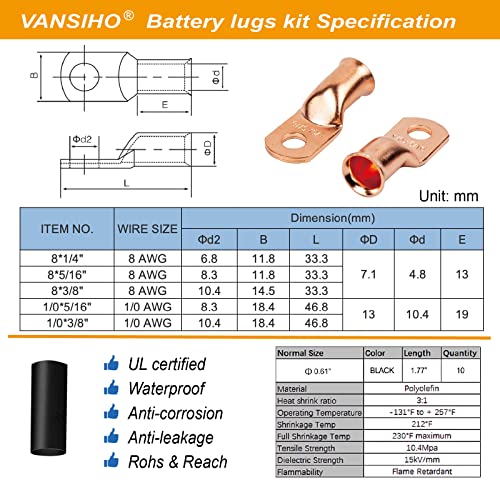 VANSIHO 8 AWG-накрайници за батерии 1/4-10 бр Сверхпрочных телени кръгови клемм/конектори за клемм на батерията