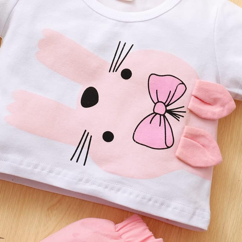 Тениска с къси ръкави и шарките мультяшного заек за малки момичета + Гащета с рюшами и лък, Лятна Ежедневни Облекла от