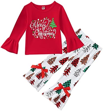 Ritatte/ Коледни костюми за малките момичета с принтом Елхи, Разкроена Блузи с дълъг ръкав и лък, разкроена Панталони,