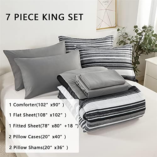 Комплект раиран одеяла KAKIJUMN Легло в леглото от 7 теми, Кралски Размер, Бяло Сиво Черно Шарени одеала в стил мозайка