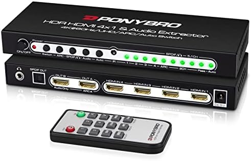 (Нова версия) Комутатор PONYBRO 4K UHD 60Hz HDMI 2.0 5 в 1 с дистанционно управление и преминете PONYBRO 4K 60Hz HDMI 2.0 4 в