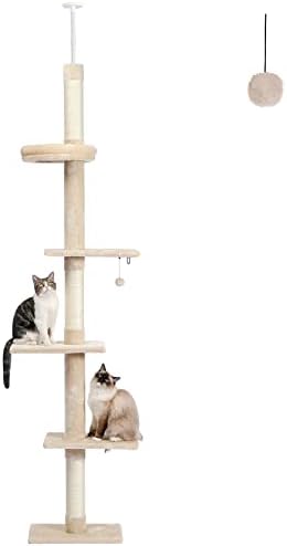 PETEPELA Cat Tower 5-ярусная Височина Котешки дърво от пода до тавана (95-107 инча) Регулируема Висока Котка, Взбирающаяся