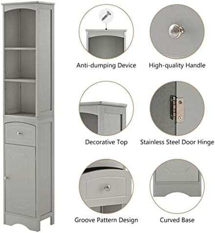 GXBPY Отделно Стоящ Шкаф за Съхранение Баня с чекмеджета от МДФ с Регулируеми Рафтове Висок Шкаф за Баня Сив