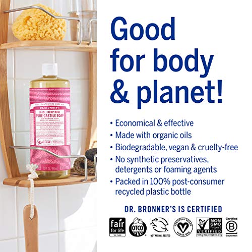 Течен сапун Dr. Bronner's -Pure-Castile (Розово, 1 галон) - Произведено на базата на органични масла, на 18 в 1 за