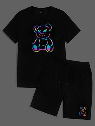 FIOXA / Мъжки облекла от две части, Мъжки светоотражающая тениска с принтом мечка и къси панталони с завязками на талията (Цвят: