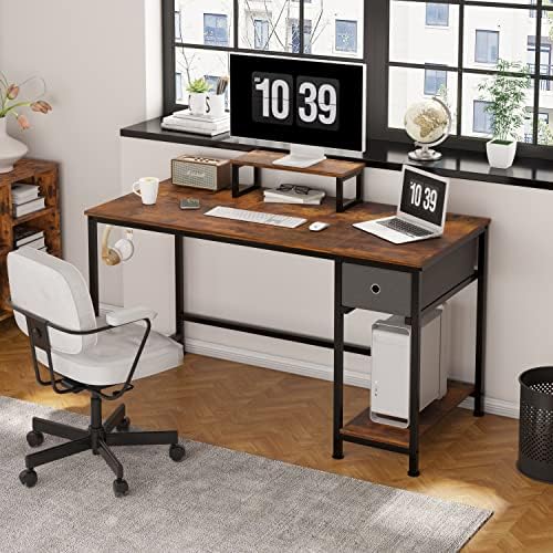 Компютърна маса VERMESS с чекмедже и стойка за монитор, 47-Инчов бюра за вашия офис, Дървена Маса в Индустриалния Прост стил