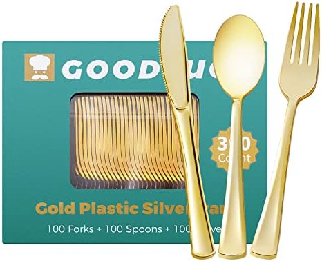 300 БР. Златни Пластмасови Прибори за хранене, прибори за хранене за Еднократна употреба от ултра силна Злато, Набор