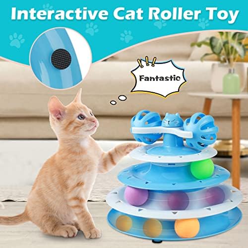 UPSKY Cat Toy Roller 4 Нива, въртяща маса Cat Toy Топки с три разноцветни топки и Bell Ball X Въртяща се