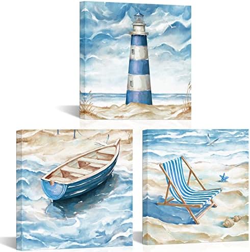 LoveHouse Синьо Платно за Баня Стенни Изкуство Плаж на Крайбрежната Картина Фар Лодка Плажен Стол Съвременни