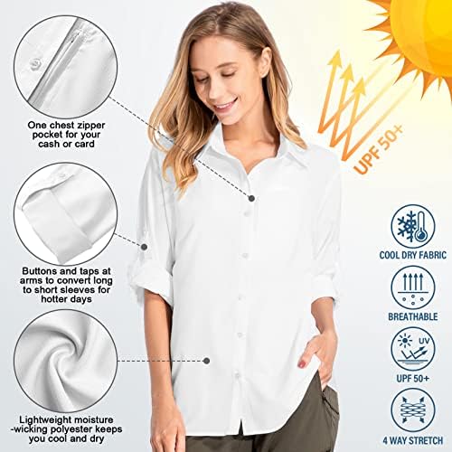 Дамски Слънчеви Ризи UPF 50+ с дълъг ръкав за Риболов, Пешеходен Туризъм, Бързосъхнеща Дрехи за Сафари със Защита от Слънцето