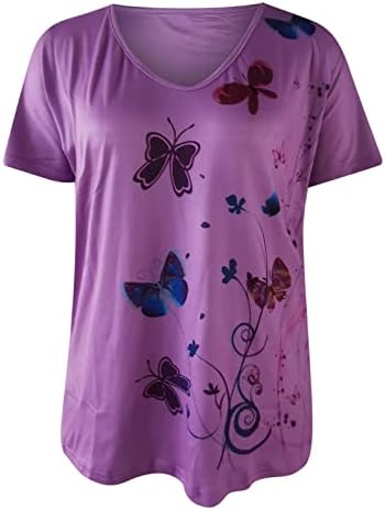 Момичета, Дълбоко V Образно Деколте Памук Пеперуда Цветен Графичен Свободен Приятелка Спокойна Приятелка Топ Тениска