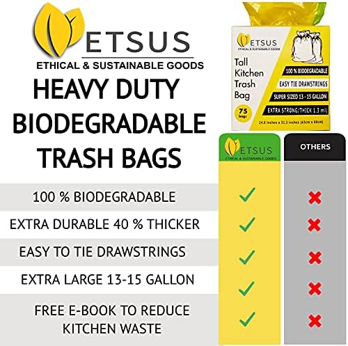 Биоразградими торби за боклук ETSUS на 13-15 литра - Високи кухненски торби за боклук с завязками - Здрави торби за компост,