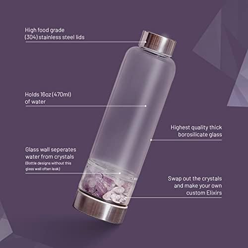 Набор от Еликсири за бутилки с кристал вода | Натурален Син апатит и Прозрачни Кварцови камъни | Черен Неопреновый ръкав|, Създаден