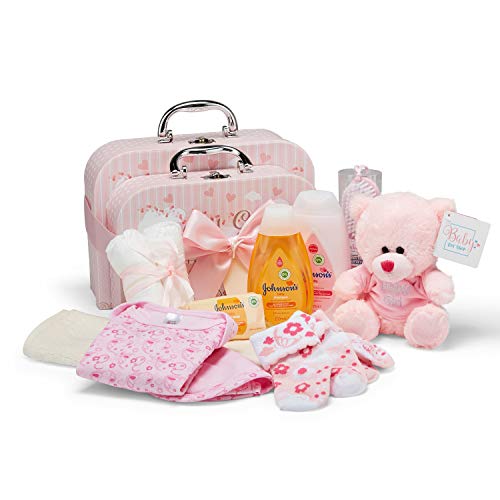 Подарък кош за новородено, Неутрални по отношение на пола – Подаръчен комплект за новородено, Кутия за спомен с детски дрехи, плюшено мече и стоки от първа необходи