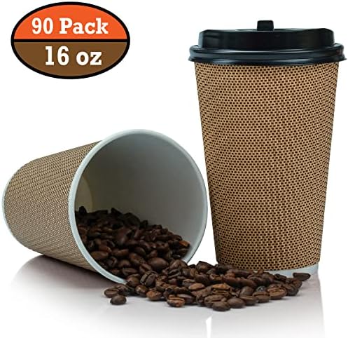 90 от Опаковки КАФЯВИ Еднократна употреба чаши кафе на 16 унции с капаци - Хартиени кафени чаши с двойни стени