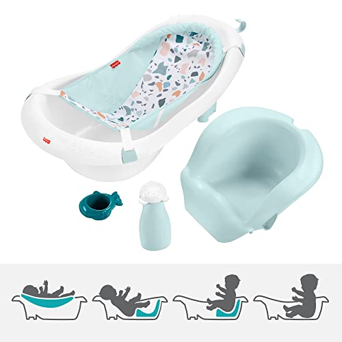 Детска вана за къпане за деца Fisher-Price, 4 в 1, Прашка е със седалка, с Подвижна поставка за бебета и 2 Играчки и