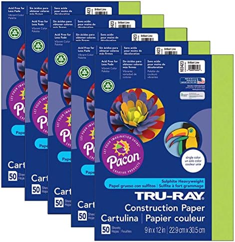 Плътна хартия Tru-Ray, Блестящ Лайм, 9 x 12, 50 Листа, В пакет, 5 Опаковки