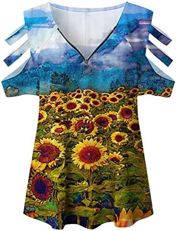 Дамски Блузи с къс ръкав и Отворени рамене, V-Образно Деколте, Цветна Туника за Отслабване, Блуза-Бюстие С
