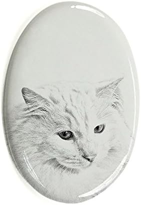 Арт Дог Оод. Турска Ангорская котка, Овално Надгробен камък от Керамични Плочки с Изображение на котка