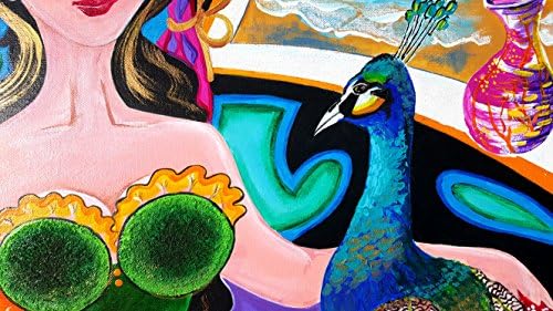 Дами и Паун - Оригинално произведение с акрилни текстура на Растянутом платно 18 x 24 инча, Игриви Цветни Тропически картина