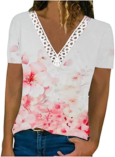 Блуза с Цветен Модел, Тениска за Момичета, Лято-Есен 2023, Къс Ръкав, Дълбоко V-Образно Деколте, Лейси Памучен Блуза