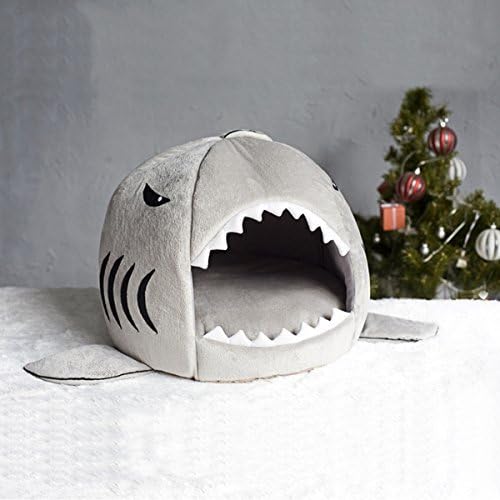 Къща-легло за домашни любимци overfeel Кръгла форма Grey Shark с Мека Подвижна Възглавница за Котки и Кучета - Small