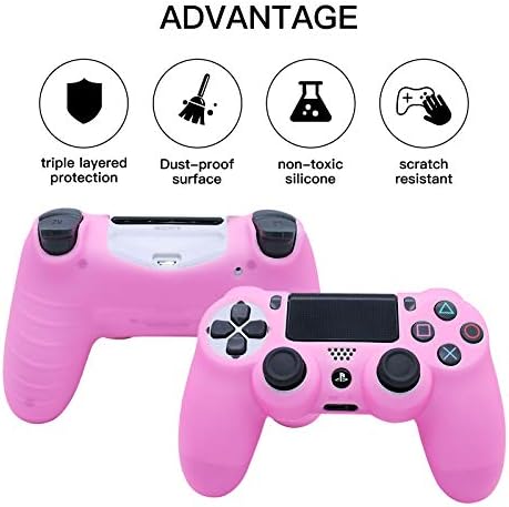 HLRAO Розова кожа контролер PS4, силиконова дръжка, защитен калъф за контролера PS4/Slim/Pro 4 + 8 дръжки за