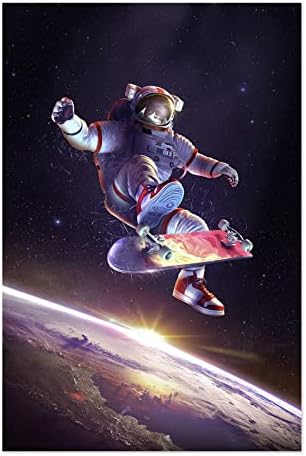Готин Плакат Космонавта на Звездното Небе Платно на Стенно Изкуство, Без Рамка Астронавт на Скейтборд Принт