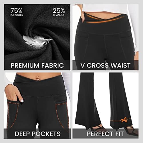 Дамски Черни панталони за йога ESOFT с джобове, Разкроена Гамаши с Кръстосано деколте и висока талия