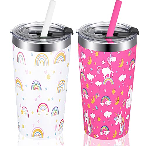 Shellwei, 2 опаковки на Детски чаши с капаци и соломинками, чаша за Шейкове за деца с модел Рейнбоу Еднорог, Херметически