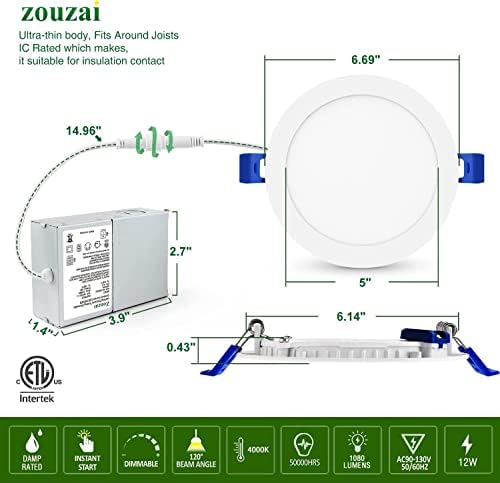 zouzai 24 бр Ултратънък led-вградени тавана лампа, 6 инча 4000K студен бял цвят с разпределителната кутия, 12