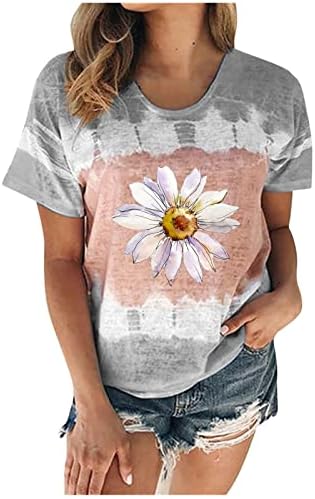 Тениска за Момичета С Къс Ръкав и Кръгло Деколте, Памучен Ежедневна Блуза с Цветен Модел Слънце Слънчоглед,
