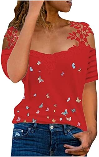 Ризи с отворени Рамене, За момичета с Къс ръкав и Принтом Пеперуди, Блузи Свободно, Намаляване, Тениски Свързани