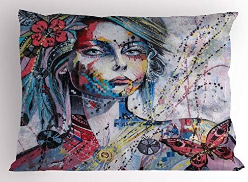 Художествена Калъфка Ambesonne, Фантазийный портрет на Момиче с Флорални и Геометрични орнаменти, Пеперуди, Цветни Пръски, Декоративна