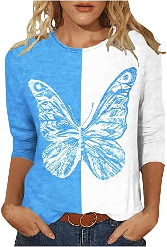 Тениска с изображение на пеперуда Y2K за Жени, Модни Блузи в стил Мозайка с 3/4 Ръкав, Ежедневна Туника с Кръгло деколте, Елегантен