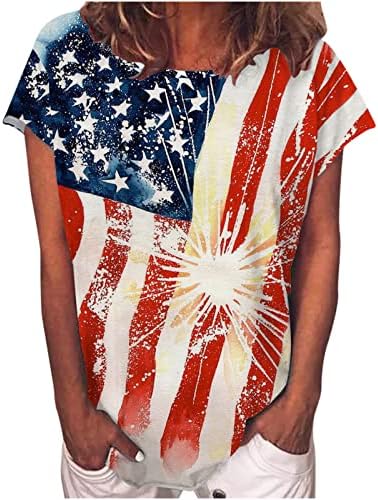 Женска Тениска Лято Есен С Къс Ръкав през Цялата Силует Памук Американски Флаг на Графичен Салон Топ Риза за Дами LW