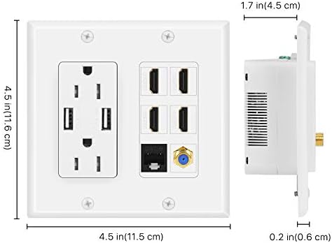 Стенни изход TNP Media 2 Група Бял, с 2 USB-изходи, Двоен изход за захранване 15A, 4 порта, HDMI, Ethernet Порт Cat6