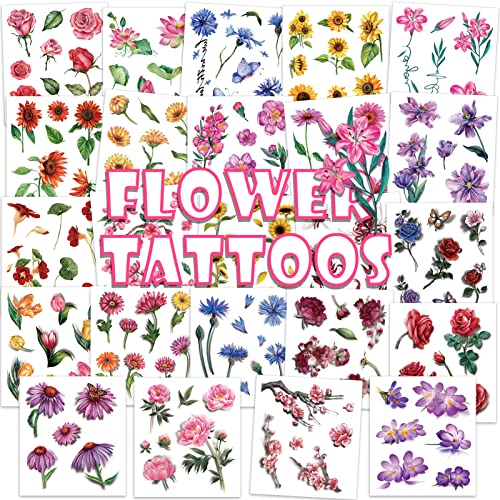 Konsait 24 Лист Реалистични временни татуировки под формата на цветя, които изглеждат истински и продължават дълго, За жени и