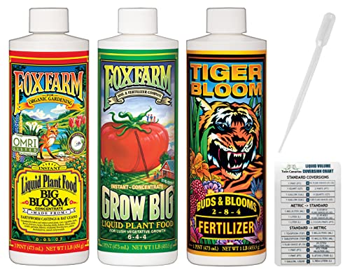 Течен тор за растения Fox Farm: Big Bloom, Grow Big Tiger Bloom (опаковка от 3-16 грама. Бутилката) В 1 Пинте всяка + Таблица с две Канарейками и Медицината