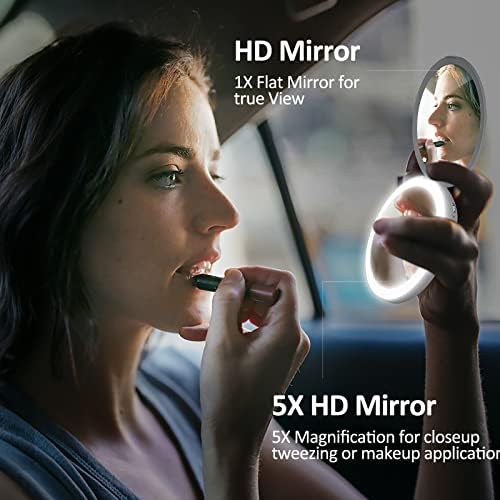XINBAOHONG Пътно Огледало за Грим с led подсветка, Компактно Огледало с 5-кратно/1X Увеличение, Перезаряжаемое Ръчно Огледало,