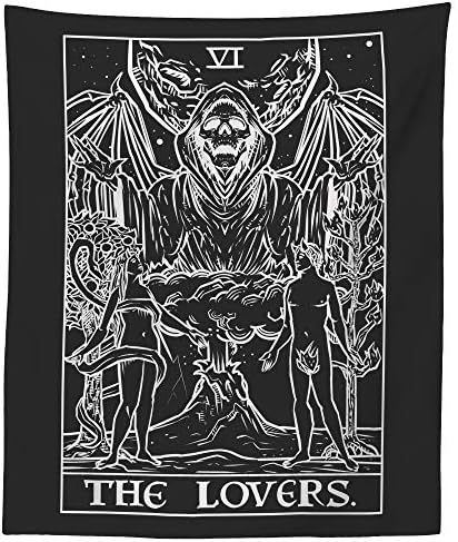 Гоблен с карти Таро за Влюбени (Черно-бяло) - Grim Reaper - Готически Двойка, Начало Декор за Хелоуин, монтиран