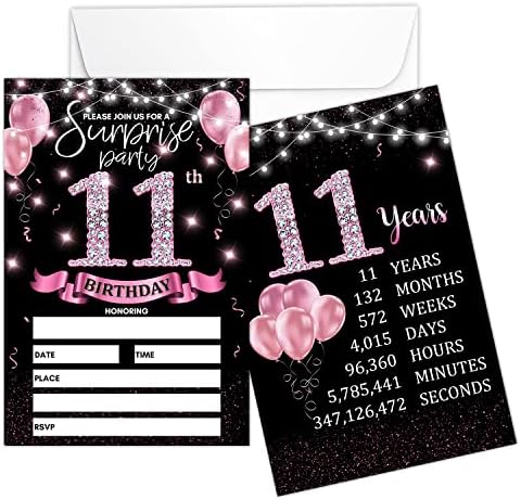 покана карта на парти в чест на 11-ти рожден ден - Покани от розово злато с надпис рожден Ден На гърба, Двустранните
