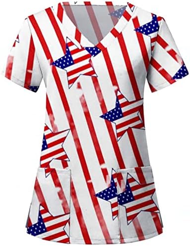 На 4 Юли Дамски Ризи с Флага на САЩ Летни Тениски с Къс Ръкав V Образно Деколте с 2 Джобове Блуза, Топ Празнична