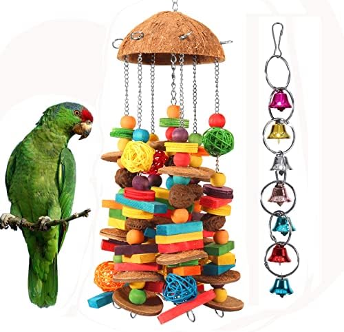 Играчки за Папагали Lifeunion Bird, Натурални Големи Блокове за Папагали, Разноцветни Играчки за Дъвчене Птици със Звънци за Ара, Какаду, Африкански Сив Папагал (Многоцве?