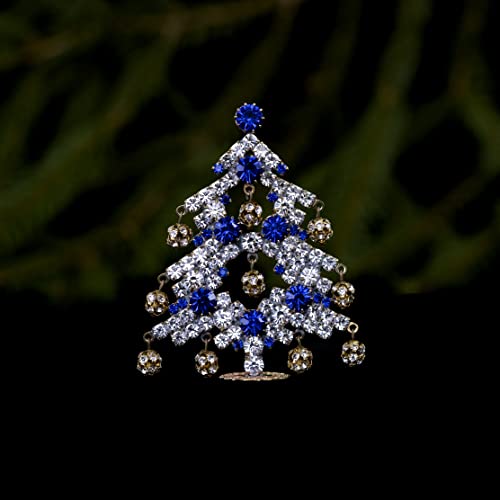 Елегантен ослепителна коледна елха (синята), малка настолна коледно дърво, за ръчна работа с прозрачни и сини кристали,